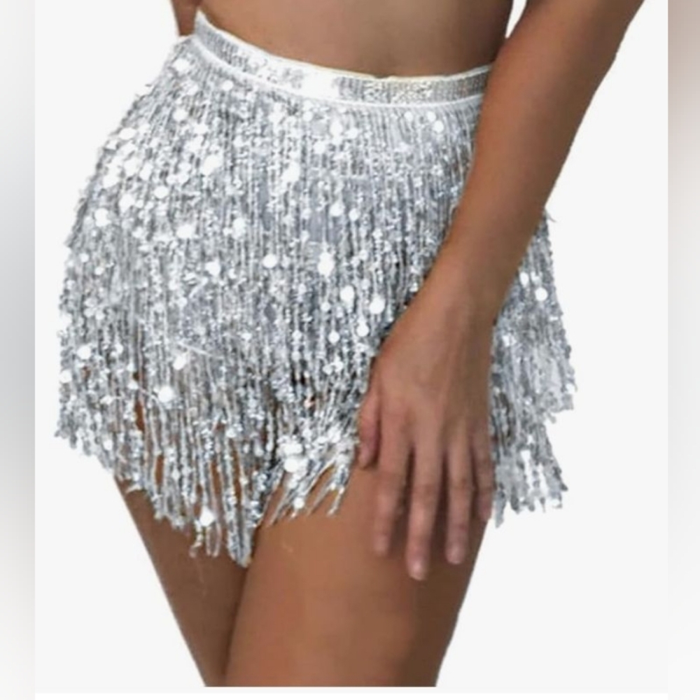 Women's Sequins Tassel Glitter Sparkly Fringe Belly Dance Hip Scarf Silver